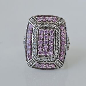 Genuine Pink Sapphire & White Zircon Ring Sterling Silver Platinum Overlay Sz 7!